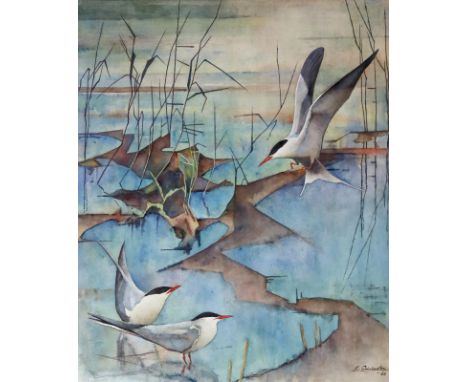 Aichele, Erwin: (1887 Höhefeld/Baden - Pforzheim-Eutingen 1974).Drei Rosenseeschwalben am Schilfufer. Aquarell 1960. Ca. 45 x