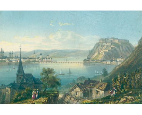 Koblenz.: Blick auf Koblenz und die Festung Ehrenbreitstein, mit kleinem Dorf mit Kirche im Vordergrund. Altkolor. Aquatintar