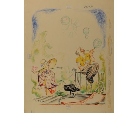 Traub, Gustav: (1885 Lahr - St. Märgen 1955). Ein seifenblasender Mann sitzt auf einem Terrassengeländer, eine Schreibmaschin
