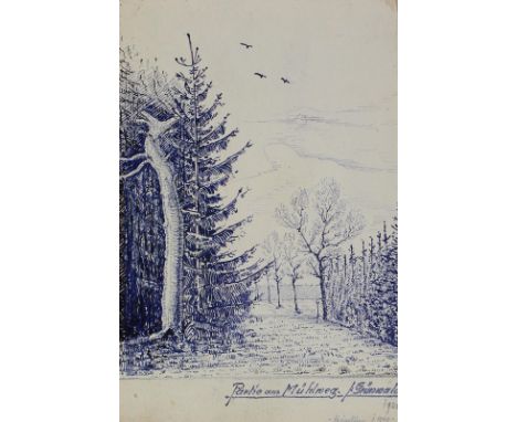 München.: Berg am Laim. St. Stephan-Kirchlein. Tuschezeichnung v. Eugen Heinfling. 1949. 20 x 11 cm. Unter Passep. Betitelt, 