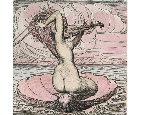 Fuchs, Ernst: (1930 Wien 2015). Musizierende in Muschel auf dem Meer. Farbradierung auf Velin. Plgr. 10 x 10 cm. Blgr. 42 x 2