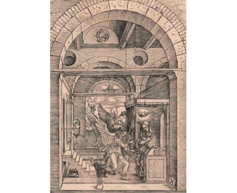 Dürer, Albrecht: (1471 Nürnberg 1528). Maria Verkündigung. Holzschnitt auf Papier. Blgr. 29,6 x 21 cm. Blatt 8 aus dem Marien