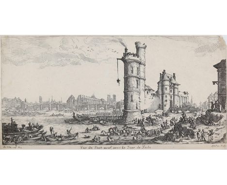 Callot, Jacques: (1592-1632) Kopie nach. Vue du Pont-neuf, avec la Tour de Nesle. Radierung auf festem Papier, 1629. 15,7 x 3