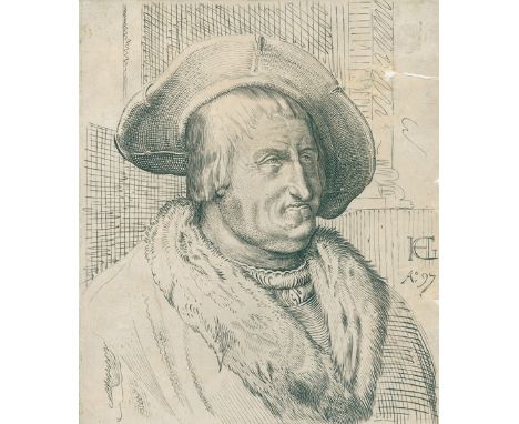 Goltzius, Hendrick: (1558 Bracht - Haarlem 1616/17). Fantasieportrait eines älteren Mannes mit Hut u. Mantel mit Pelzkragen. 
