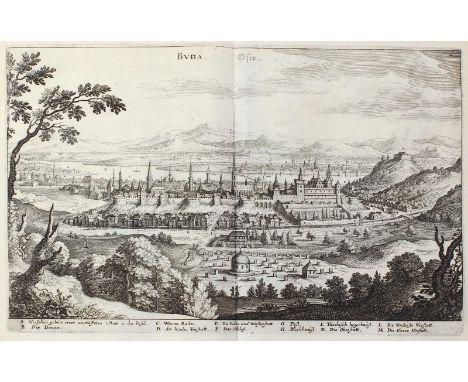 Budapest.: Buda. Ofen. Gesamtansicht von der Höhe. Kupferstich mit Legende A.-M. von M.Merian aus Archontologia, 1638. 20,7 x