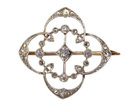 Art Déco Prachtbrosche: 750 GG/WG geprüft. 4 passige Bogenform mit Altschliffdiamanten u. Rosen von ca. 0,30 ct. Millgriff. 3