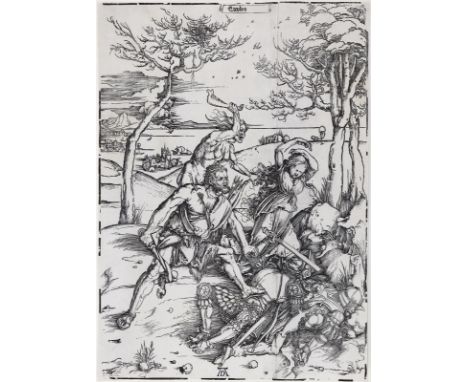 Dürer, Albrecht: (1471 Nürnberg 1528). Herkules tötet die Molioniden (auch: Herkules u. Cacus). Holzschnitt auf Bütten um 149