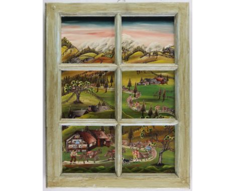 Schweiz.: Kaikaturistische Alpenlandschaft (mit Alpauftrieb) von Doris Hax. Öl auf Holz. Ca. 59 x 40 cm. Unten rechts sign. A