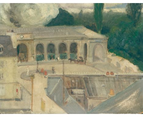 Französischer Künstler: (19.-20. Jh.). Blick über ein Dach auf einen Bahnhof mit Arkaden u. Uhr, davor ein Droschke, im Hinte