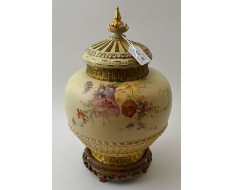 A Royal Worcester late Victorian porcelain potpourri, ivory ground, with hand painted flowers, partial gilt basket weave desi