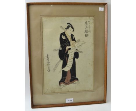 A Japanese Meiji period wood block print, of a Samurai character script upon the image, 36cm x 25cm, framed &amp; glazed