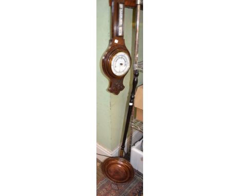 Oak backed barometer/thermometer and a copper warming pan