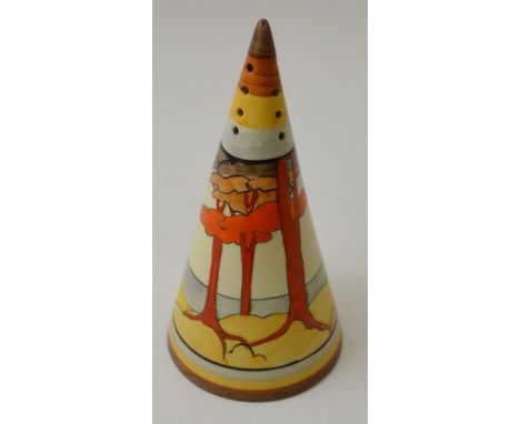 A Clarice Cliff Coral Firs pattern, hand painted pottery conical sugar sifter, bears Clarice Cliff Bizarre factory back stamp