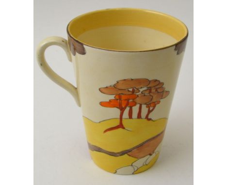 A Clarice Cliff Coral Firs coffee mug of tapering form, hand painted pottery, bears factory back stamp, Clarice Cliff Bizarre