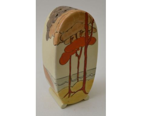 A Clarice Cliff Coral Firs pattern, hand painted pottery Bonjour shape sugar sifter, bears Clarice Cliff factory back stamp, 