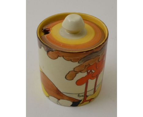 A Clarice Cliff Coral Firs pattern cylindrical conserve pot with cover, hand painted pottery, bears factory back stamp, Clari