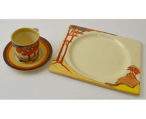 A Clarice Cliff Coral Firs pattern Biarritz rectangular plate, hand painted pottery 15.5cm x 18.5cm together with a matching 