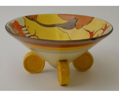 A Clarice Cliff Coral Firs pattern Bob-Bon dish of conical form raised on four disc feet, hand painted pottery, bears factory