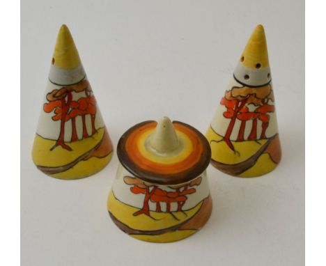 A Clarice Cliff Coral Firs pattern, hand painted pottery three piece condiment set, comprising conical salt and pepper pots a