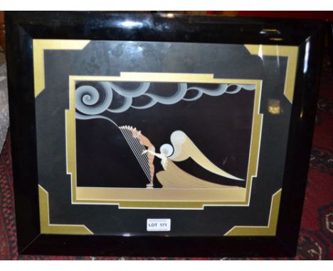 Erte an 'Art Deco' print - the angels harp - in a clever double cut mount and piano black frame