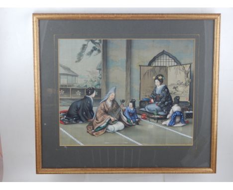 Early 20thy century Japanese, Musician Playing to Women and Children, watercolour on textile. 27 x 34cm