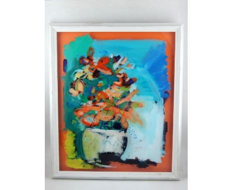 Contemporary British school, Still Life, oil on glass, signed B. R. to lower right. 49 x 40cm