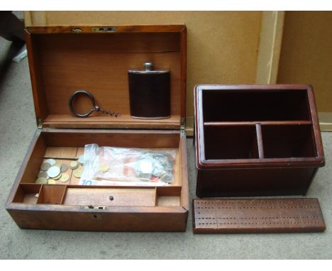 A 20th Century mahogany letter rack, hip flask, bottle opener, cribbage board and a 19th Century box. 