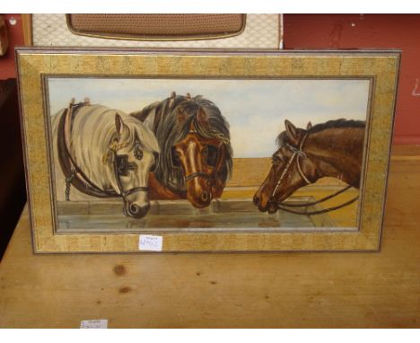 A 20th Century oil on board, horses drinking from a trough, unsigned. 