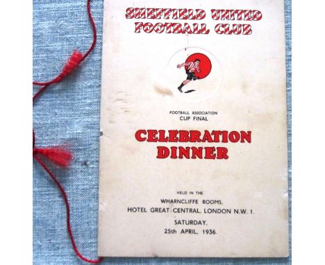 Sheffield United dinner menu 25th April 1936 Hotel Great Central, London&nbsp;
Slight marks and the red tie is loose otherwis