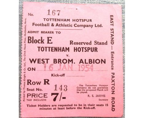 Tottenham Hotspur v West Brom 1953-54 Football League Match Ticket 16th January 1954 1953-54&nbsp;
Staple holes on top edge o