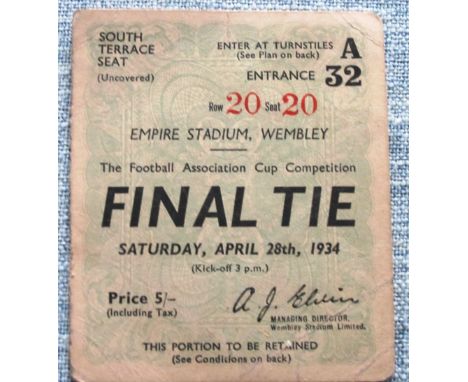 1934 FA CUP FINAL MANCHESTER CITY V PORTSMOUTH ORIGINAL TICKET
Fair / Good for age