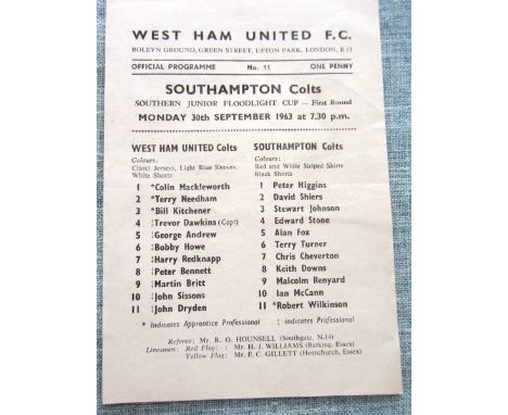 West Ham Colts v Southampton Colts 1963-64 
Southern Junior Floodlight Cup 1st Round 30th September 1963&nbsp;
Good condition