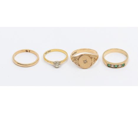 A collection of stone set gold rings to include a diamond and 18ct gold solitaire ring, diamond approx 0.20ct, claw set in pl