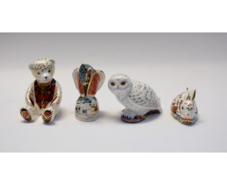 Royal Crown Derby: a collection of four boxed paperweights to include Snowy Owl, Kingfisher, Collectors' Guild Teddy and Mead