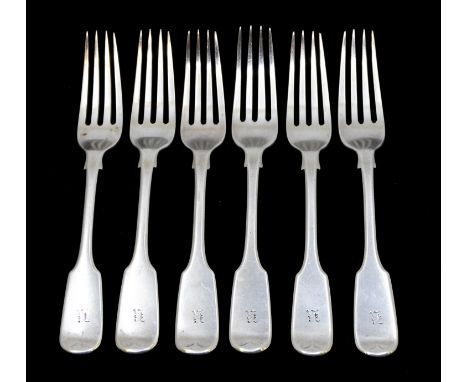 A set of six Victorian silver fiddle pattern table forks, each engraved K to handle, hallmarked by Samuel Hayne &amp; Dudley 