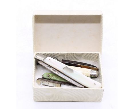 A collection of six 20th century miniature or novelty pocket knives to include; a Sheffield silver bladed mother of pearl fru