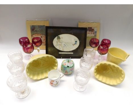 A mixed lot to include; six matching 20th century Bohemia style ruby and clear glass goblets, six matching 20th century hand 