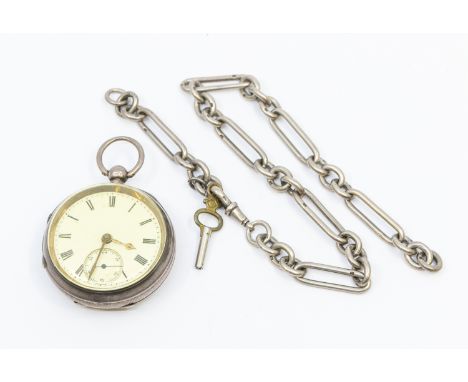 A silver cased open faced pocket watch, white enamel dia with numeral indices, case with engine turned decoration (worn) vaca