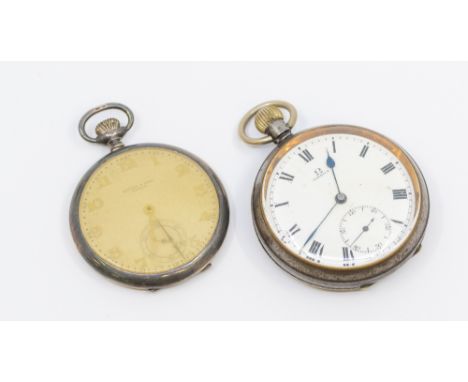 Omega- an Omega gun metal open faced pocket watch, comprising a signed white enamel dial with numeral indices, blue steel han