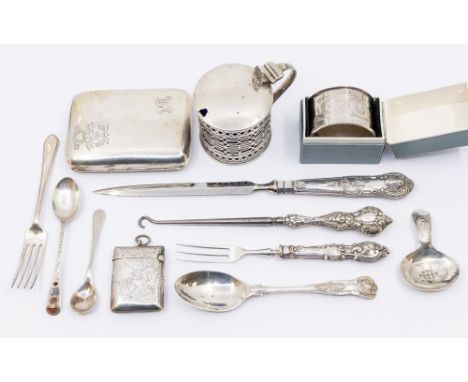 A collection of silver to include; a late Victorian pierced silver drum mustard pot, hinged cover, hallmarked by Haseler Bros