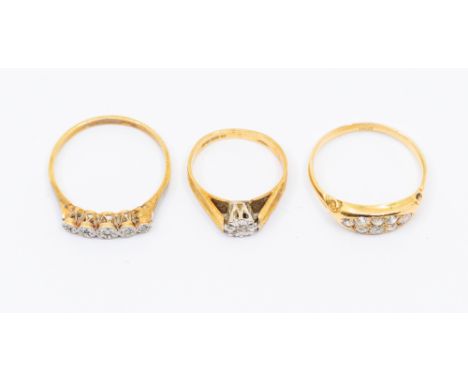 A collection of three diamond set 18ct gold rings, to include a cluster ring, size R, a five stone illusion set ring, size T 