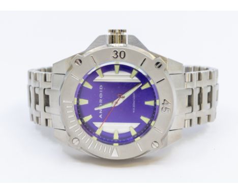 A gents Andriod steel cased wristwatch, comprising a signed round purple metallic dial with applied arrow lume indices, hands