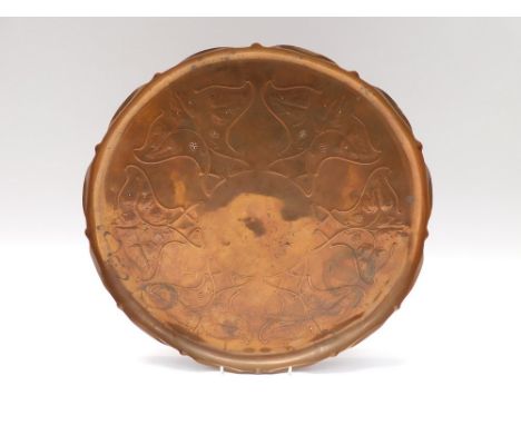 A Joseph Sankey &amp; Sons Art Nouveau designed Arts and Crafts copper tray, fluted edging and of circular form, marked to re