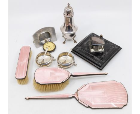 A collection of silver to include; 1) a George V silver and Art Deco pink guilloche enamelled dressing table set consisting o