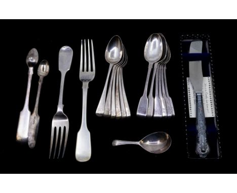 A collection of mixed silver flatware to include; a set of six William IV fiddle pattern teaspoons, all initialled to termina