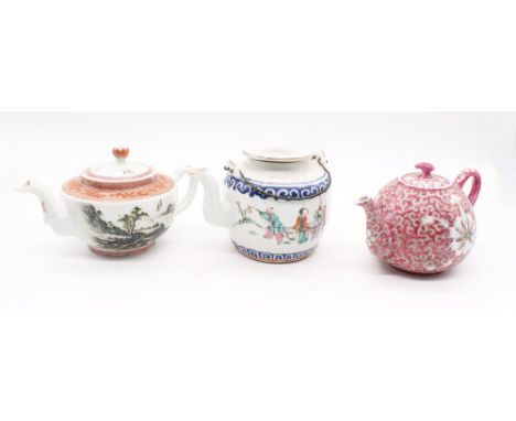 Three late 19th century Chinese export porcelain tea pots with marks to base, in different designs