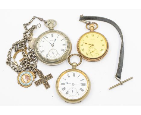 A collection of three open faced pocket watches including a white metal cased Elgin pocket watch, case approx 58mm, (a/f not 