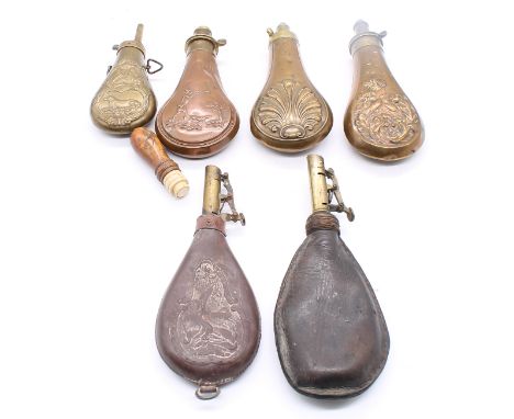 A collection of mixed late 19th or 20th century brass, leather or copper powder flasks to include; two leather cased, one wit