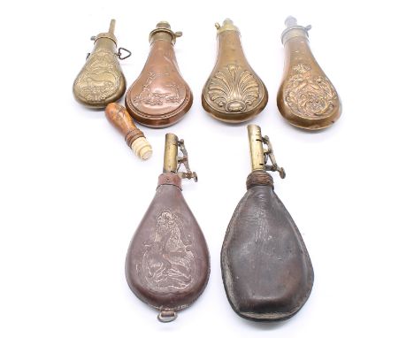 A collection of mixed late 19th or 20th century brass, leather or copper powder flasks to include; two leather cased, one wit