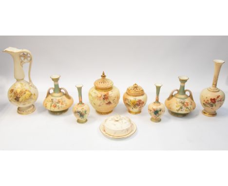 A collection of various Royal Worcester 'blush ivory' ceramics to include;  a large handled ewer, no 1218, a round large pot-